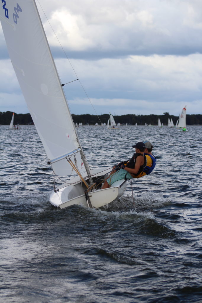 Two High School sailors on a 420, both leaning out to balance the boat.